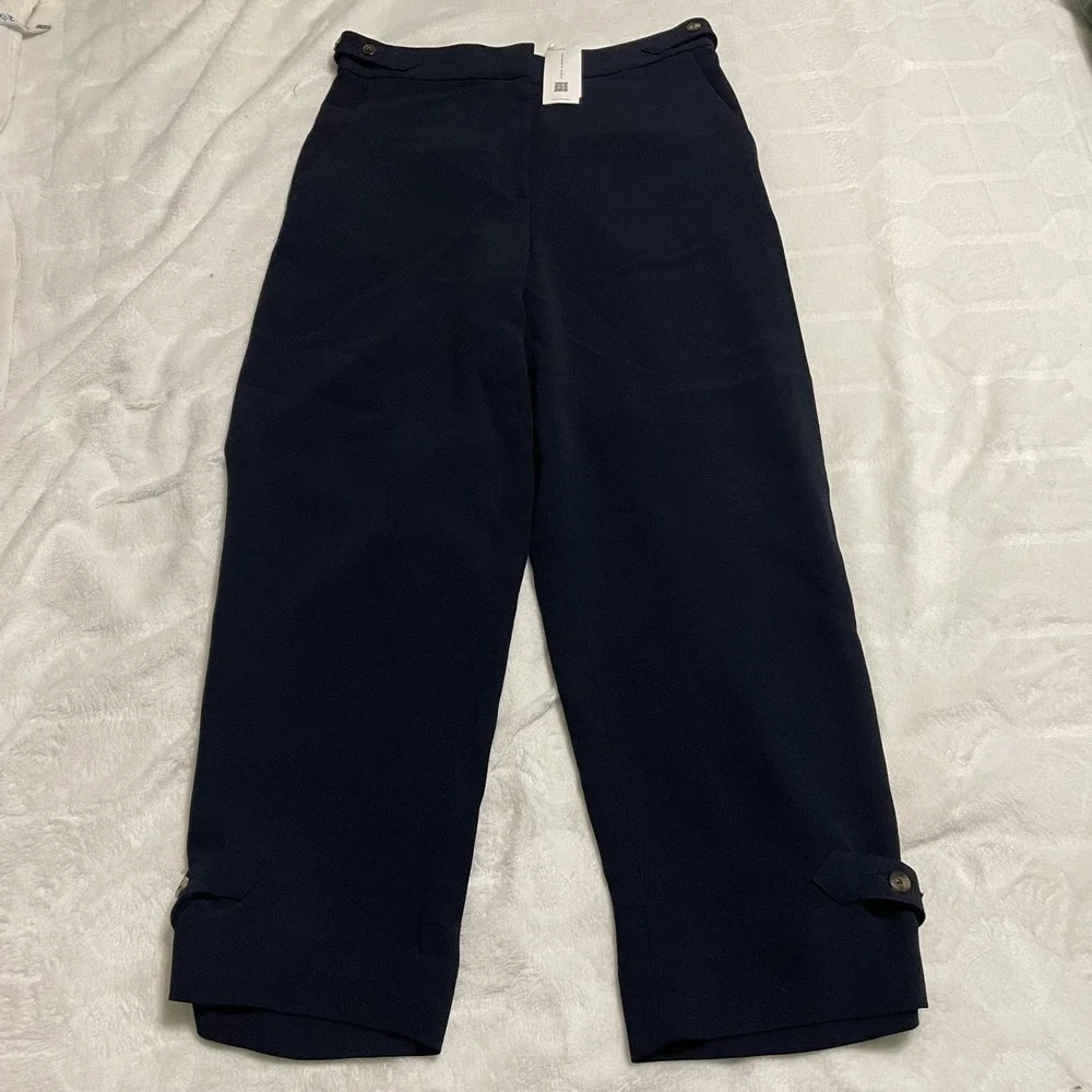 Tory Burch Pants Womens 8 Navy Blue Button Ankle Tab Cropped Tailored Trousers